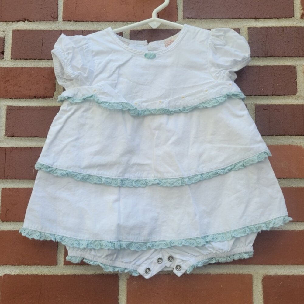 Laura Ashley Cotton Onesie - White & Teal - Size 6 Months